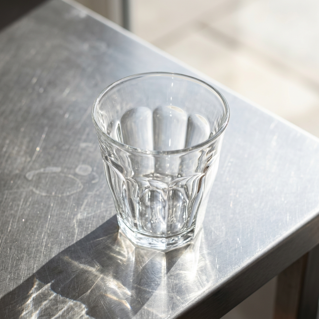 Tomt facetteret caféglas på en solbeskinnet stålbordplade