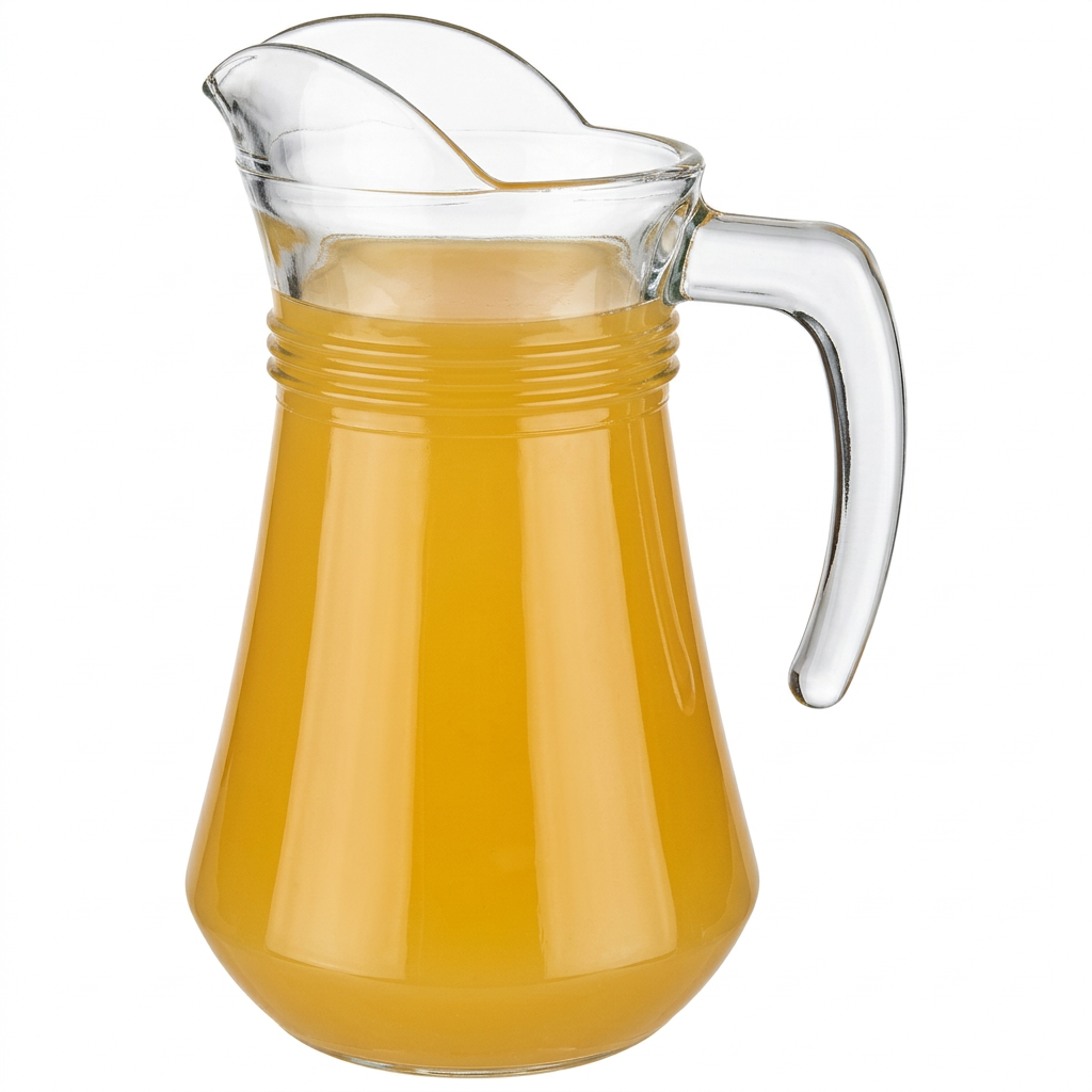 Arc Broc glaskande 1,3 liter med juice på hvid baggrund; pakken indeholder 6 kander uden drikkevarer