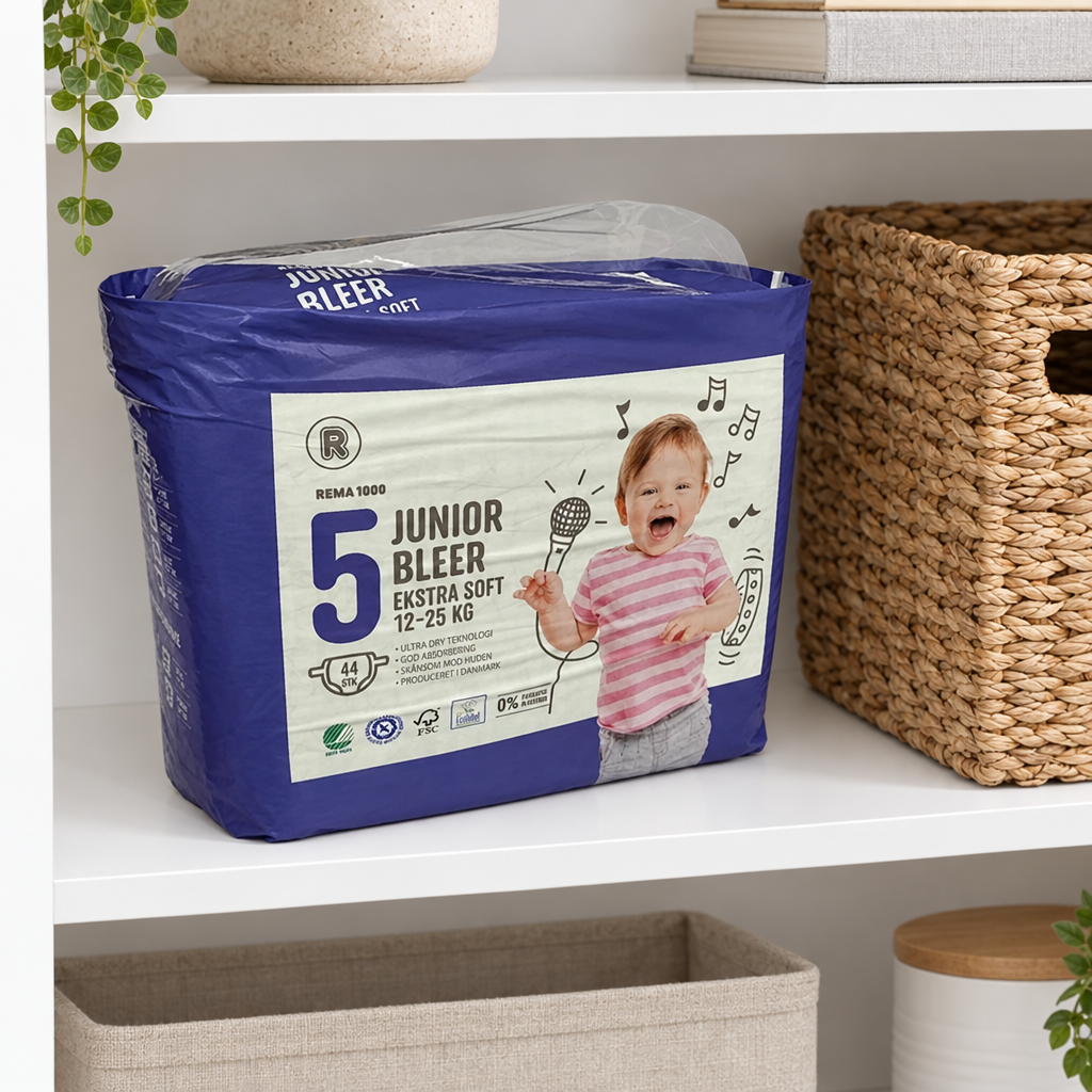 Rema 1000 Junior 5 pakke med 44 bleer ved flettet kurv på hvid hylde