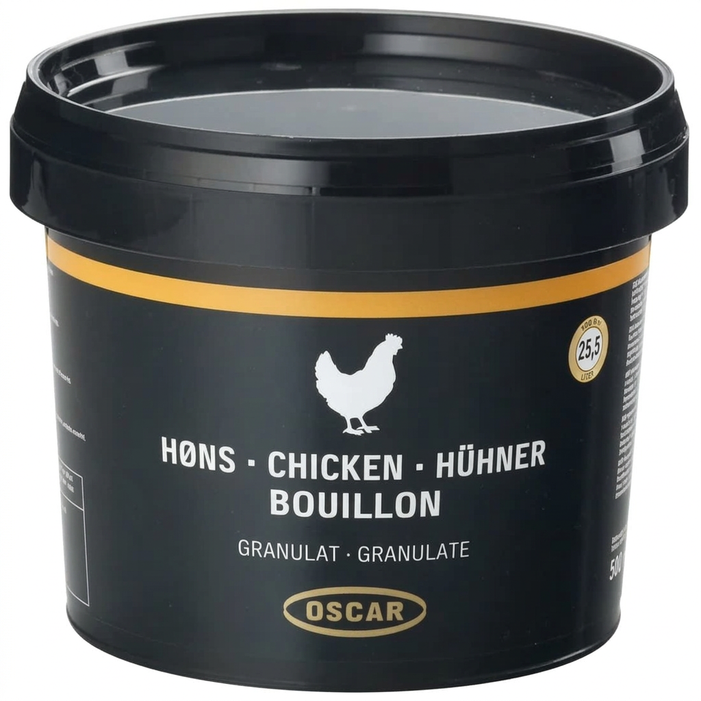 OSCAR hønsebouillon i granulat, bøtte med 500 g på hvid baggrund