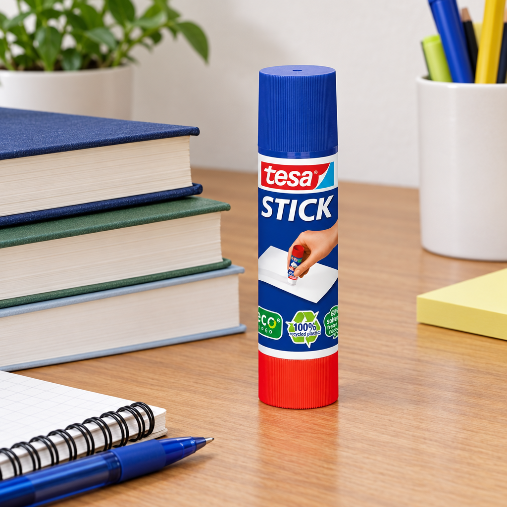 Tesa Stick ecoLogo 20 g ved bøger og notesbog, genereret miljøbillede