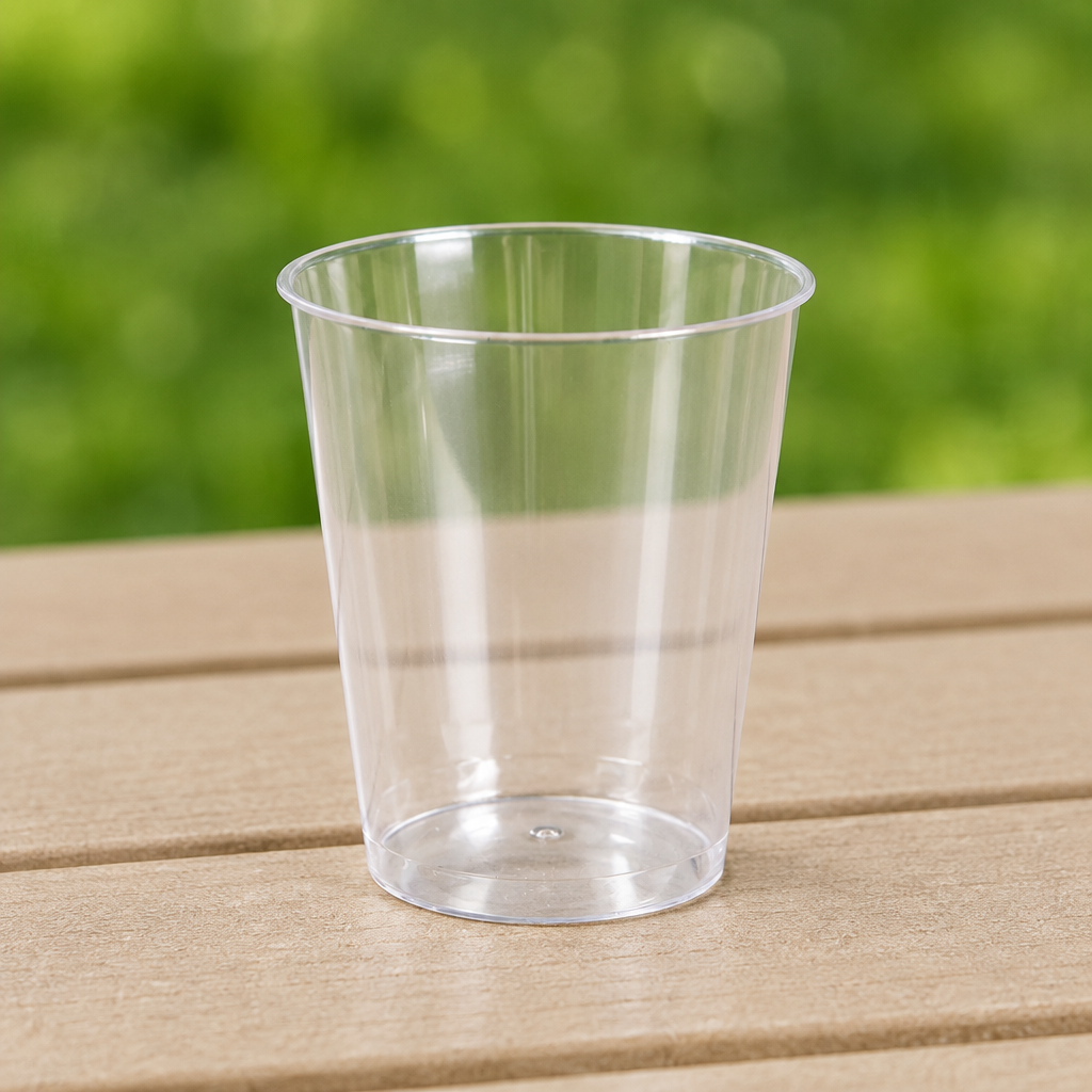 Tomt klart shotglas på udendørs træbord
