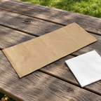 Brun grovbrødspose på picnicbord ved hvid serviet
