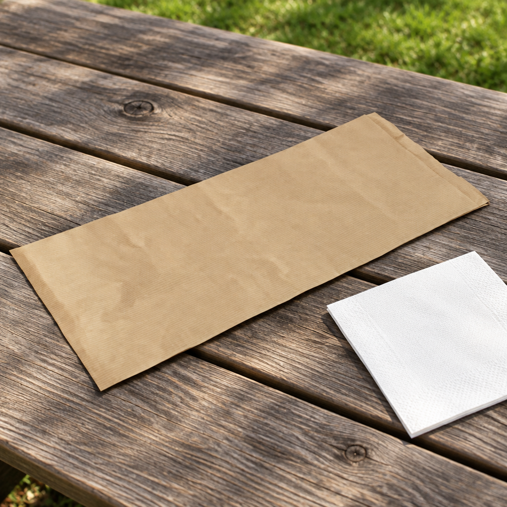 Brun grovbrødspose på picnicbord ved hvid serviet