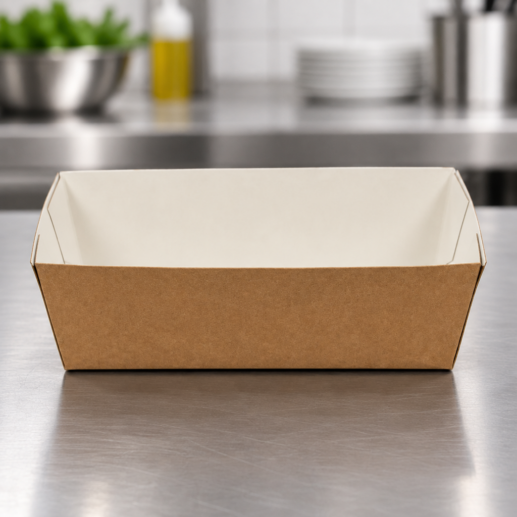 Brun pommes frites-bakke på rustfri arbejdsflade