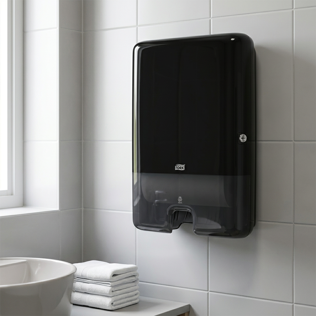 Sort Tork Xpress H2-dispenser på lysegrå fliser ved håndvask