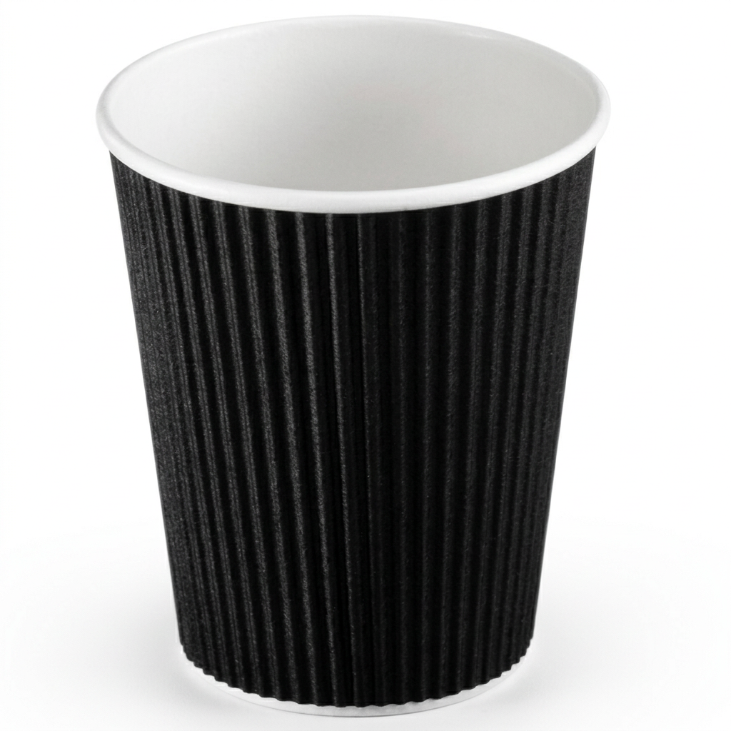Sort Ripple Wall kaffebæger 30 cl med bølget yderside og hvid kant på hvid baggrund