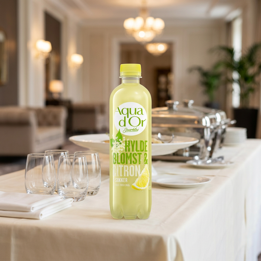 Aqua d’Or Sparkles Hyldeblomst & Citron på receptionsbuffet med glas, stemningsbillede