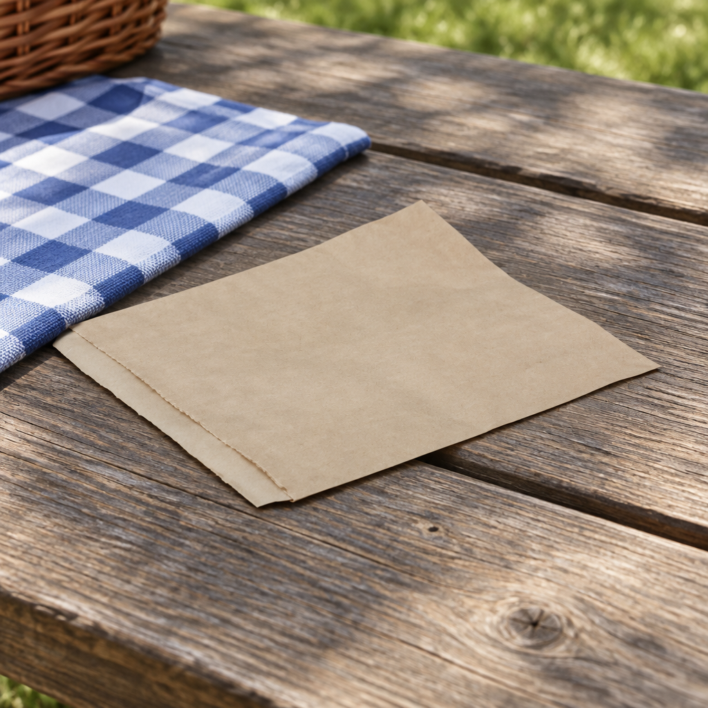 Flad brun bagerpose på picnicbord ved ternet dug