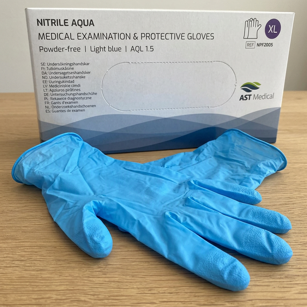Detalje af blå nitrilhandsker foran Nitrile Aqua XL-æske