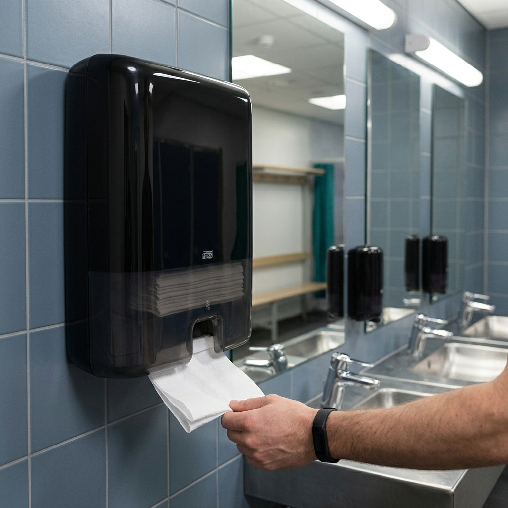 Hånd tager papir fra sort Tork Xpress H2-dispenser på blågrå flisevæg