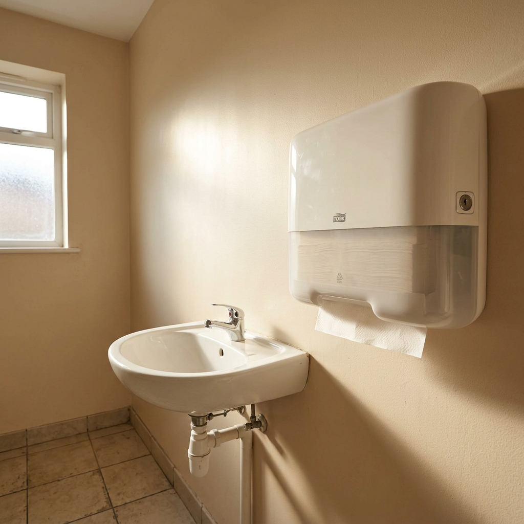 Tork H3 Mini ved håndvask i solbeskinnet personaletoilet