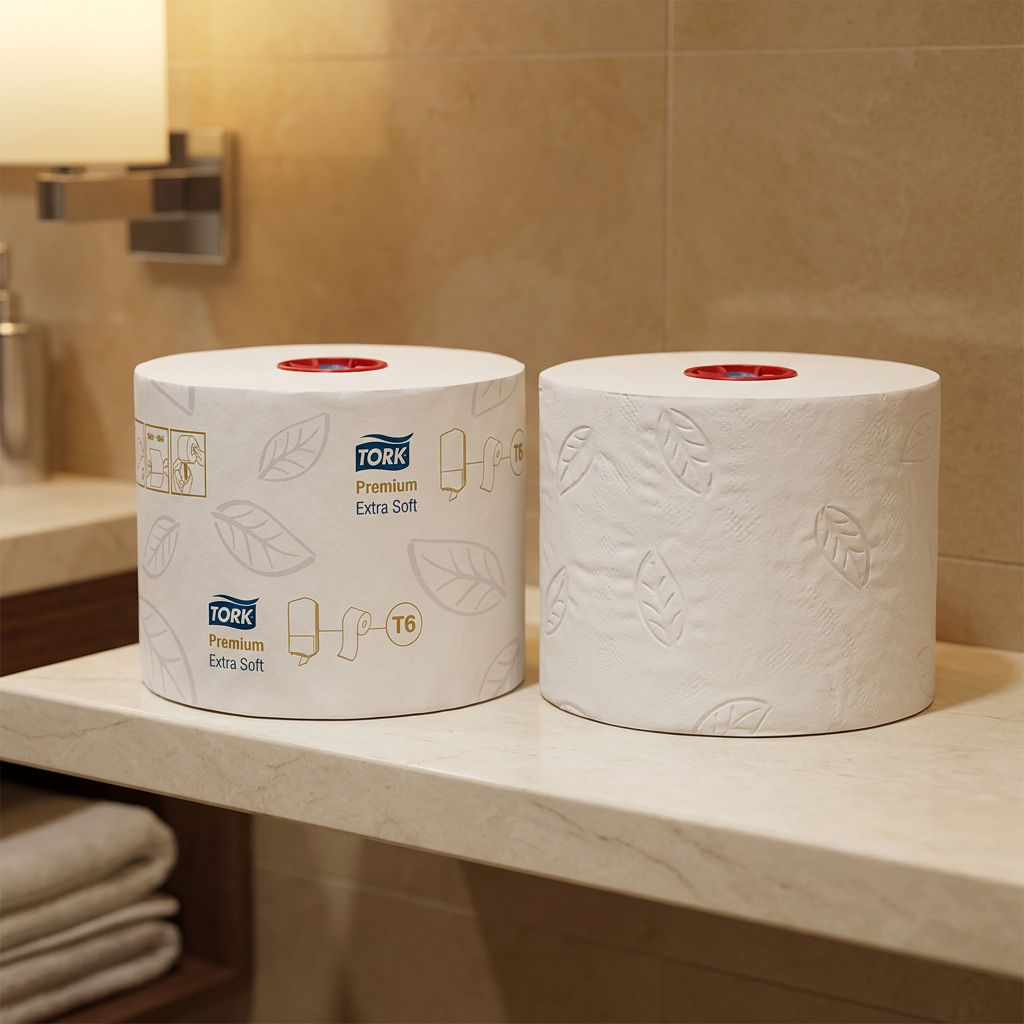 Tork Extra Soft T6-toiletruller på lys stenhylde i varmt belyst toiletrum