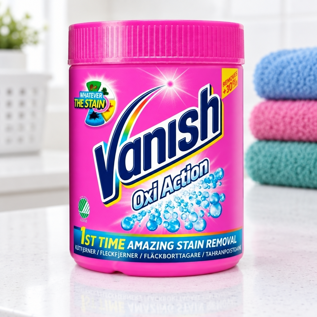 Pink Vanish Oxi Action-bøtte ved farvede håndklæder i vaskerum