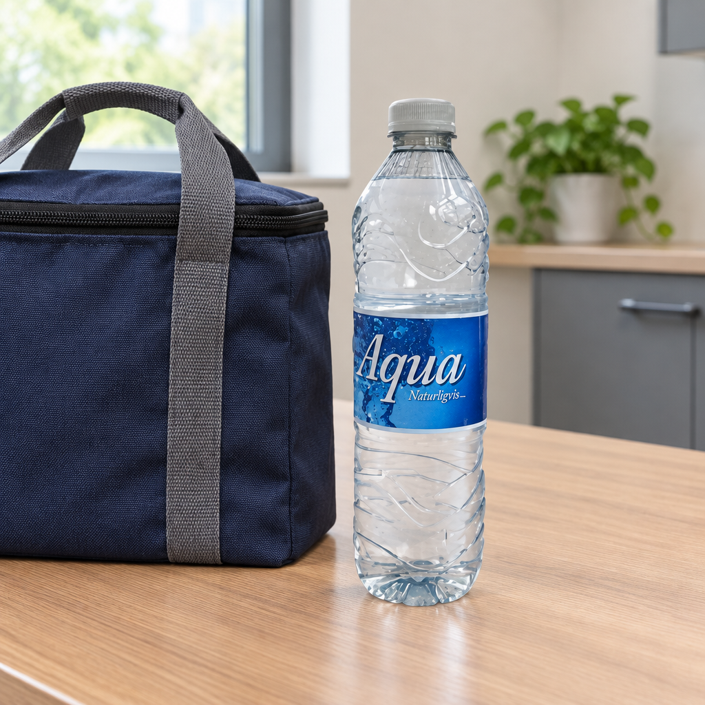 Aqua Naturligvis 0,5 liter flaske ved frokosttaske i personalekøkken