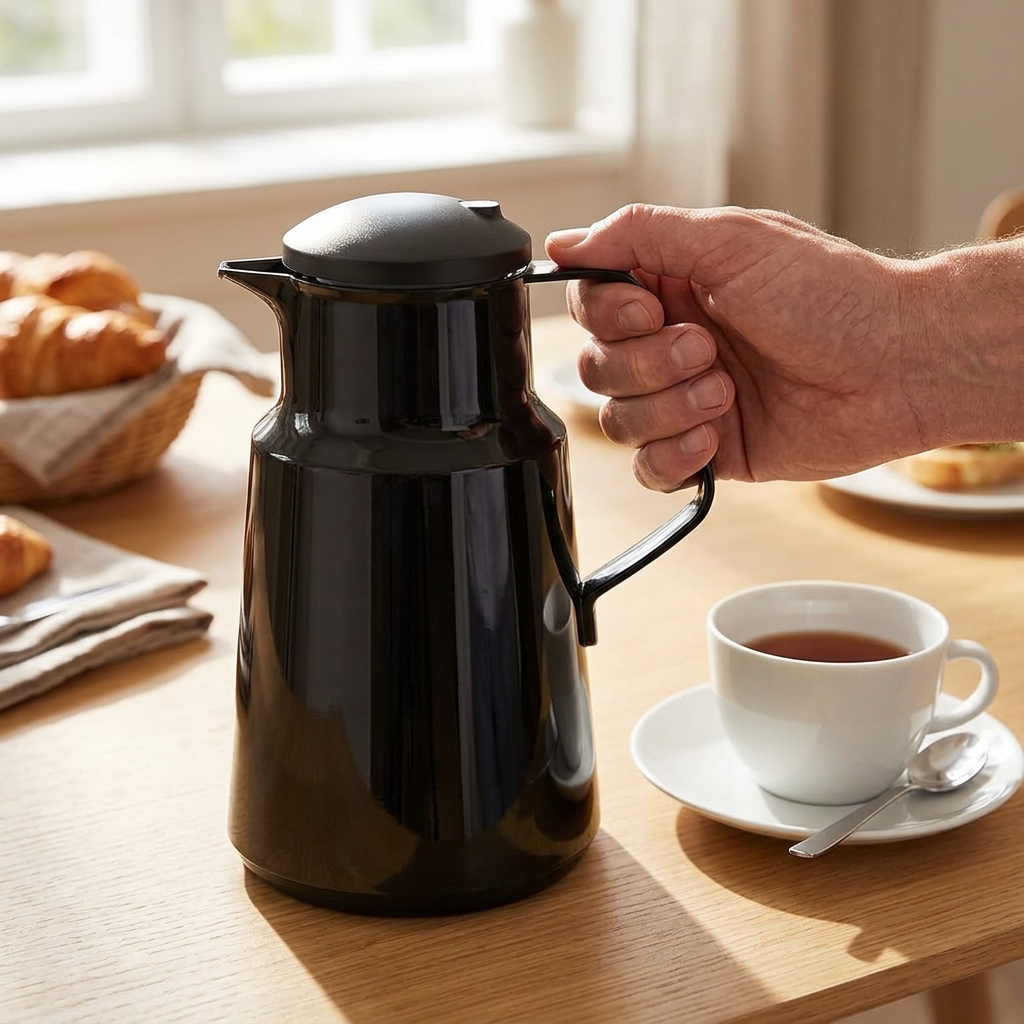 Sort ROTPUNKT 290-termokande ved morgenbord med te i solskin. Service medfølger ikke