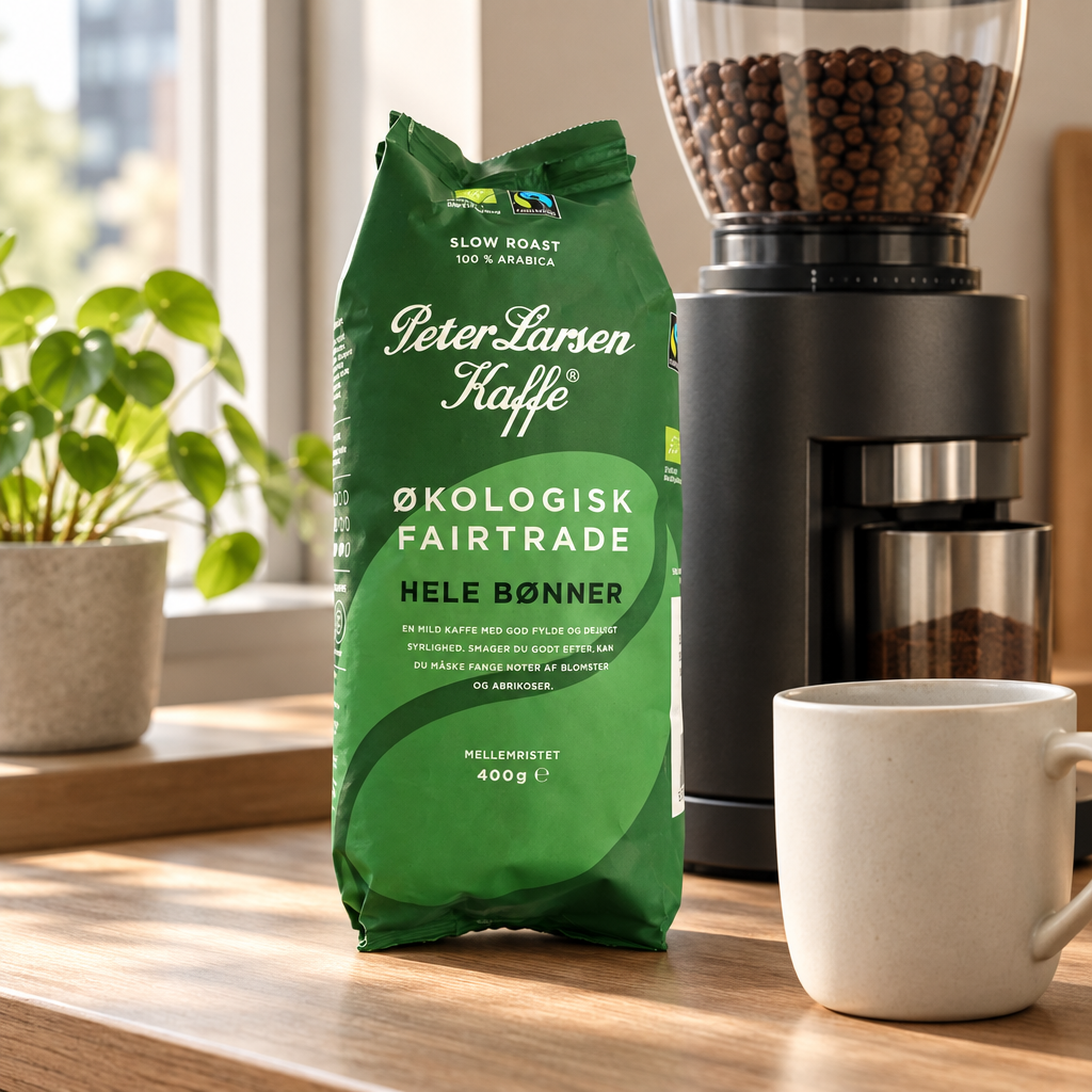 Stemningsillustration af Peter Larsen økologisk Fairtrade kaffe 400 g ved kaffekværn og kop