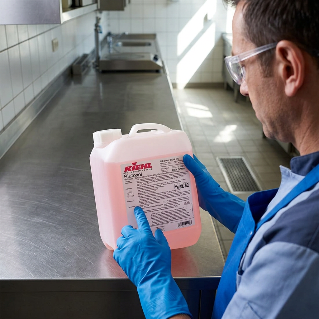 Stemningsbillede set over skulderen af voksen medarbejder ved etiketten på lukket Blutoxol 5 L