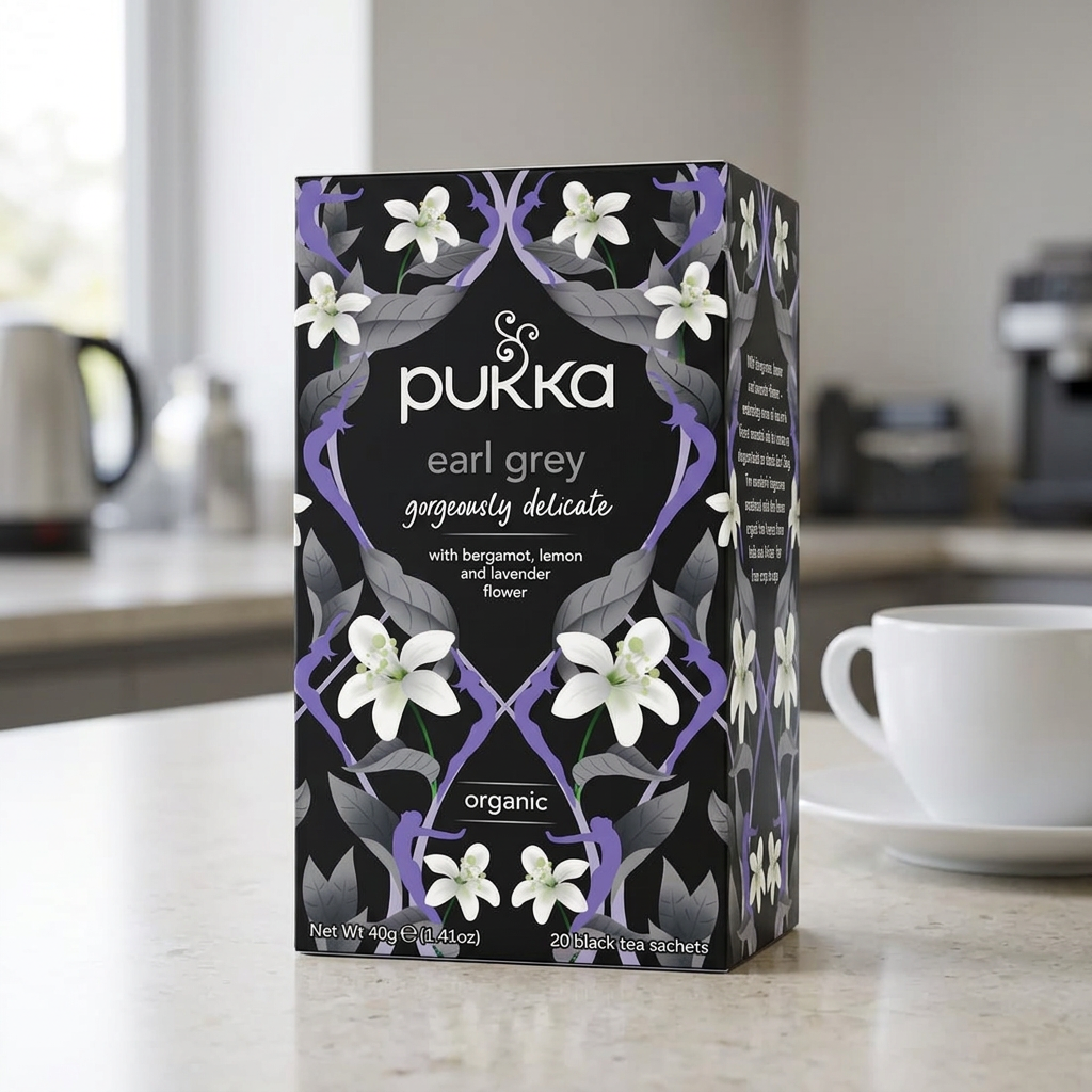 Pukka Earl Grey med sort og lilla æske ved kontorets testation