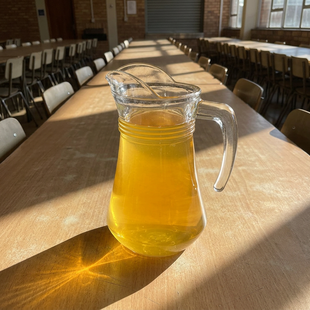 Glaskande i sollyst spiserum, stemningsbillede