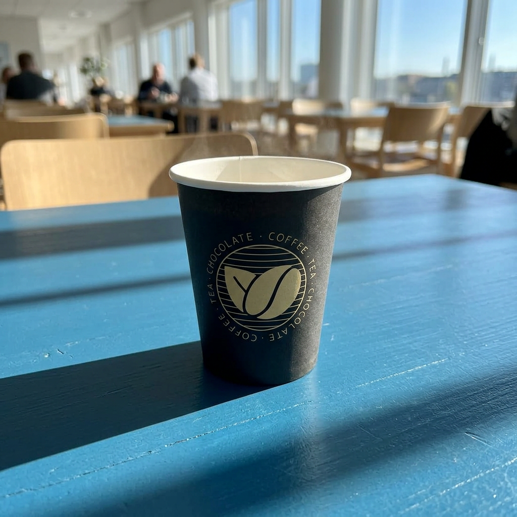 Sort Beans kaffebæger på blåt bord i solrig kantine