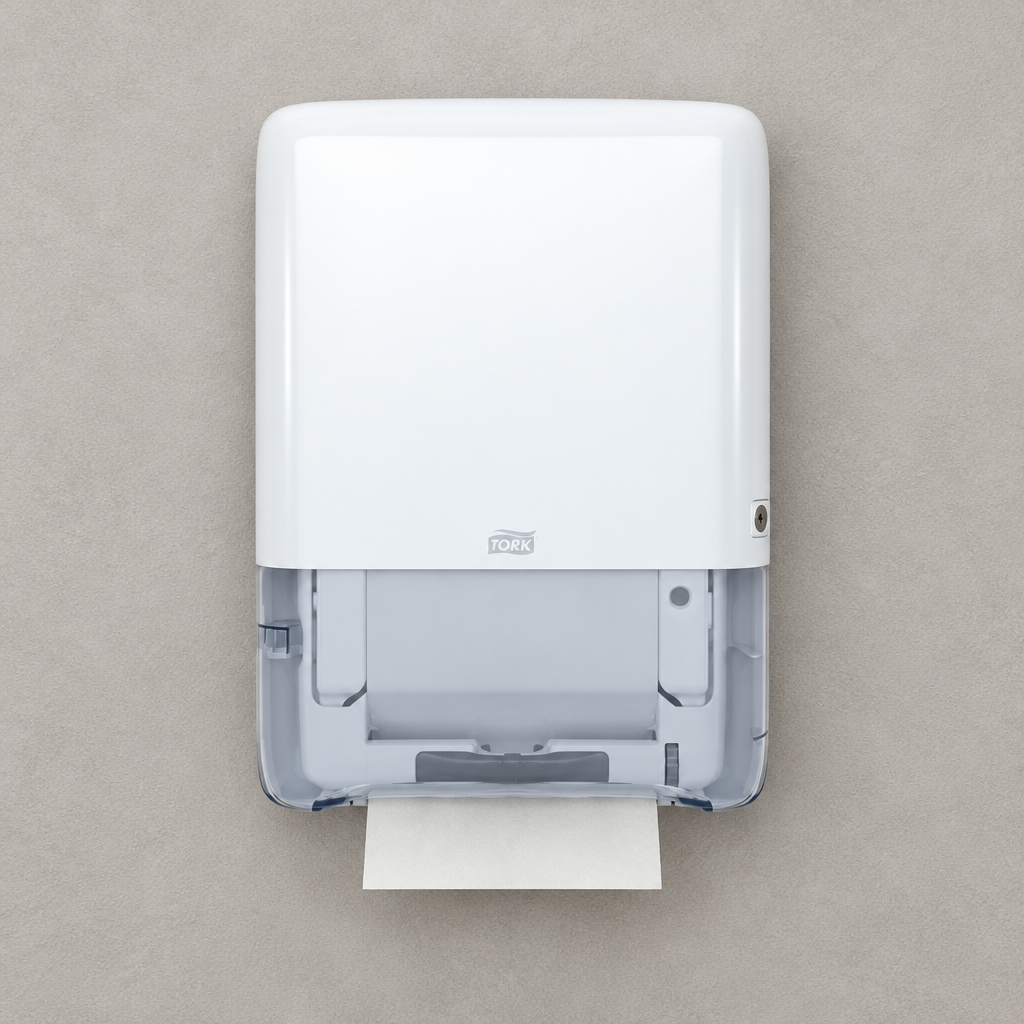 Hvid Tork H5 PeakServe Mini 552550 på kontorets toilet