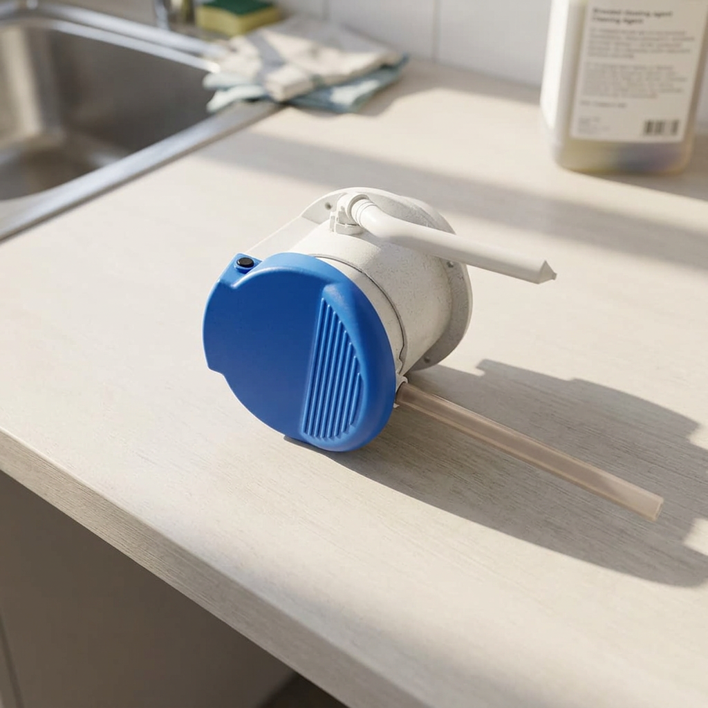Kiehl DosiPush liggende på lyst arbejdsbord set skråt ovenfra