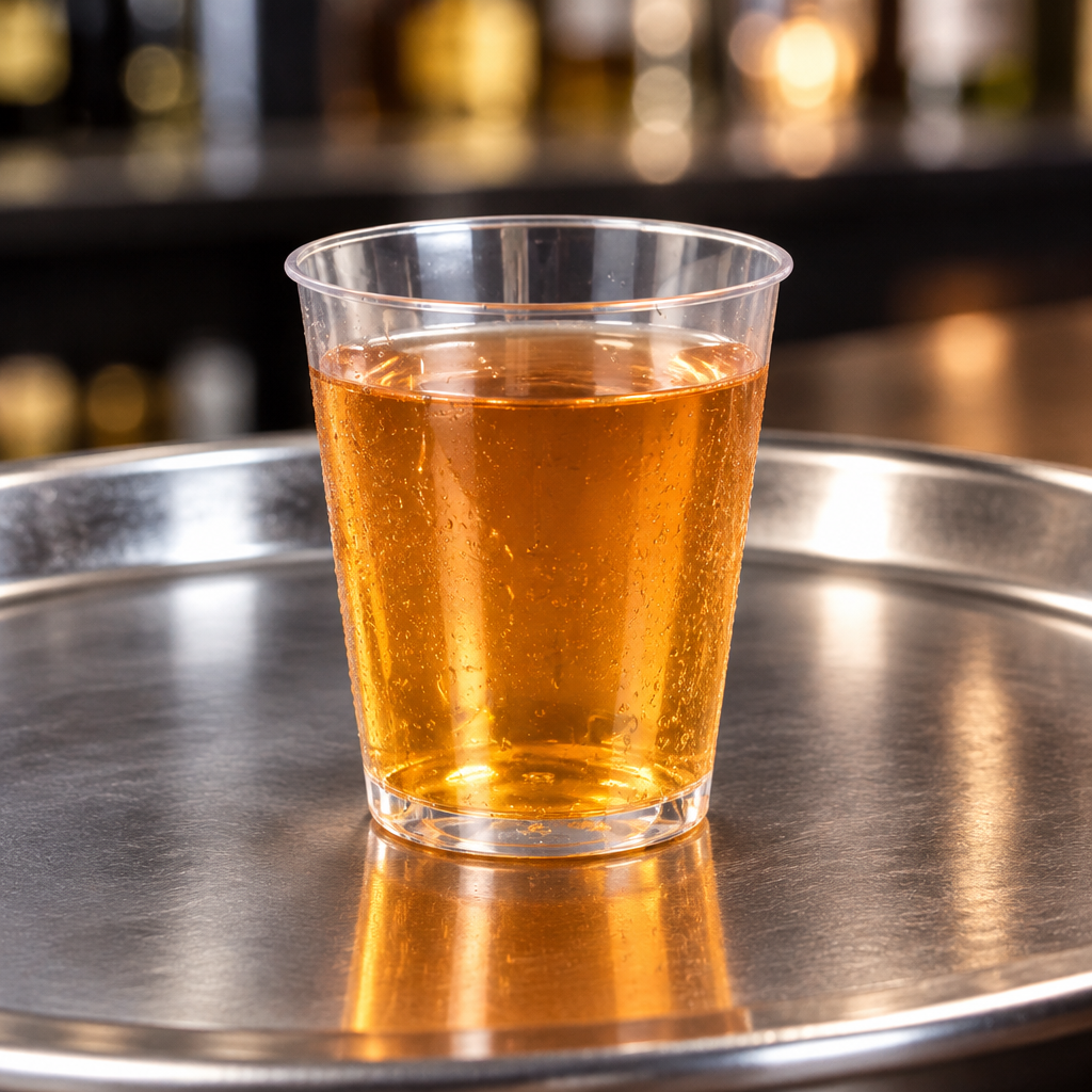 Klart engangs shotglas med gylden drik på serveringsbakke