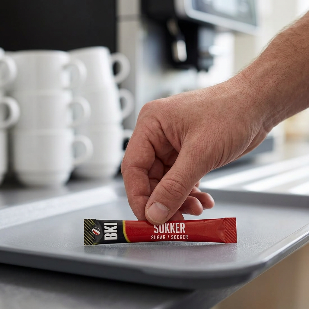 Hånd lægger BKI sukkerstick på serveringsbakke ved kaffestation