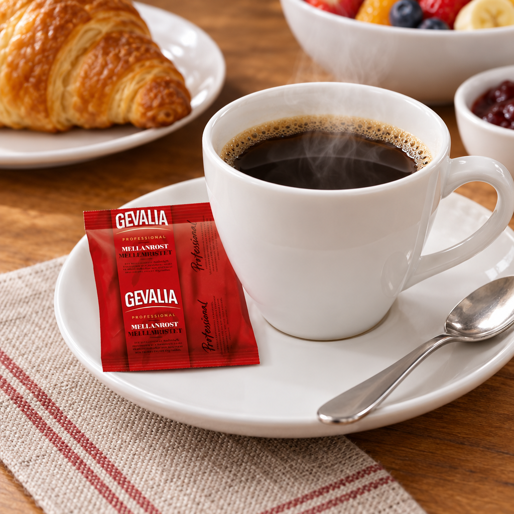 Gevalia Professional portionspose ved kaffekop på morgenbord