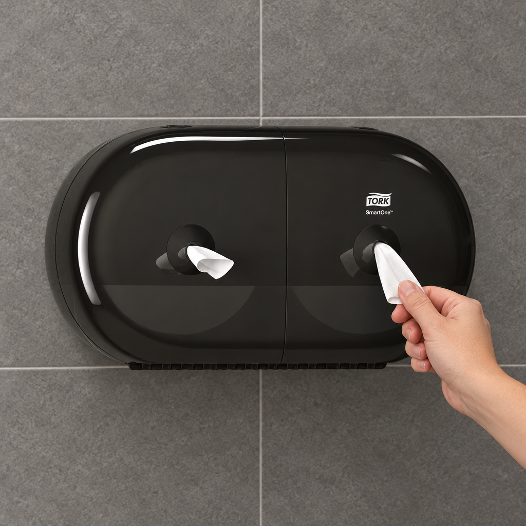 Hånd tager toiletpapir fra højre udtag på sort Twin T9-dispenser ved grå fliser