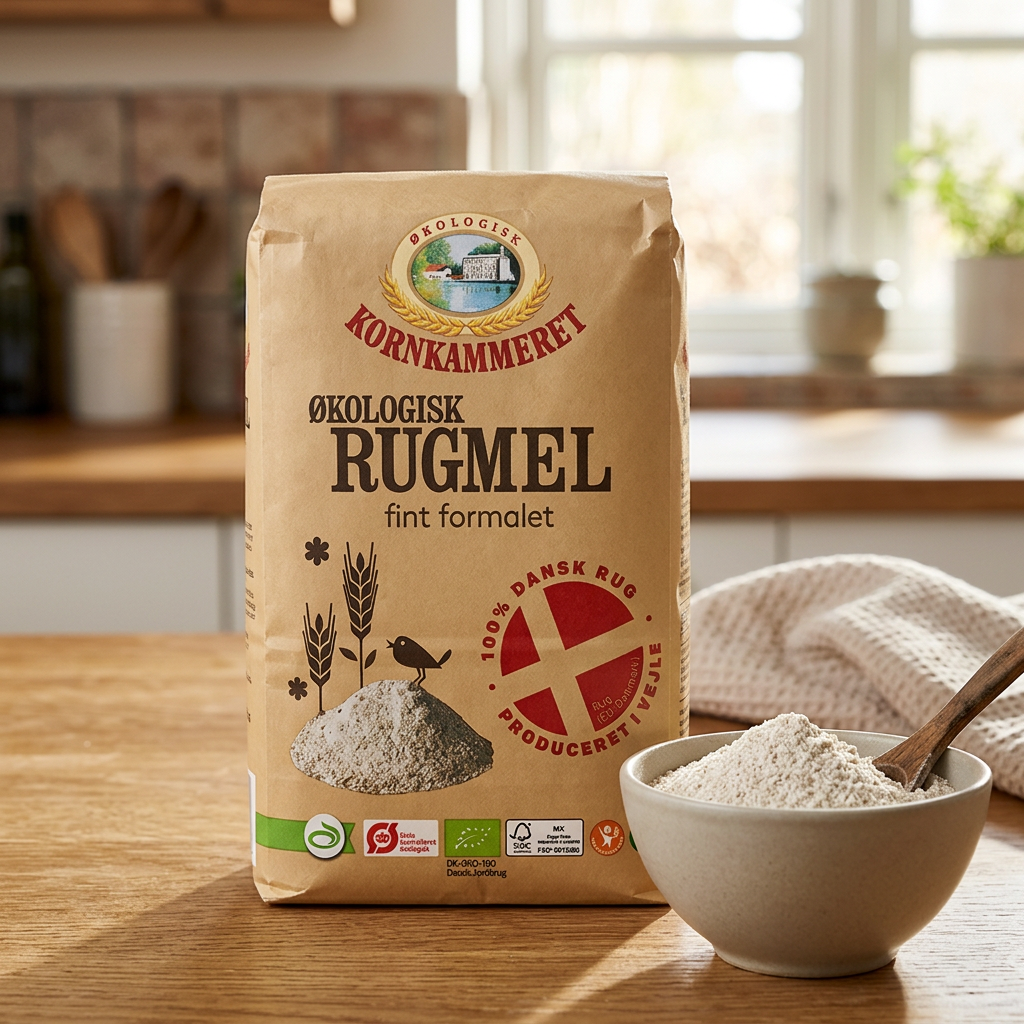 Kornkammeret økologisk rugmel ved en skål mel og træske på køkkenbordet