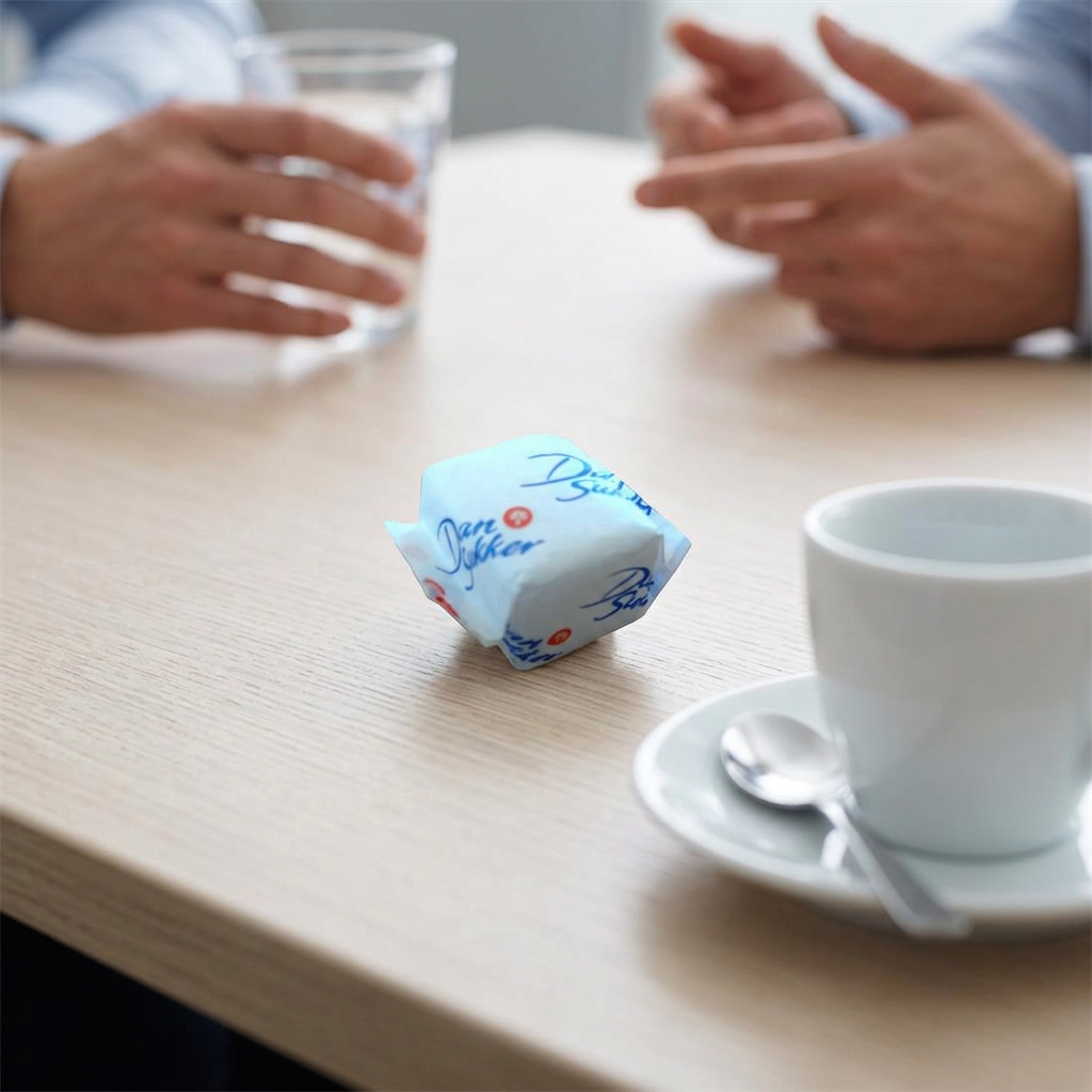 Indpakkede sukkerknalder ved kaffekop på mødebord