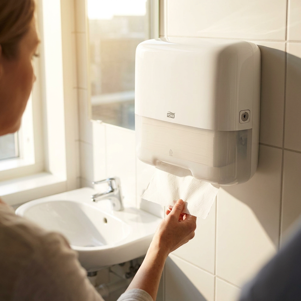 Voksen medarbejder tager et håndklædeark fra Tork H3 Mini ved sollyst håndvask