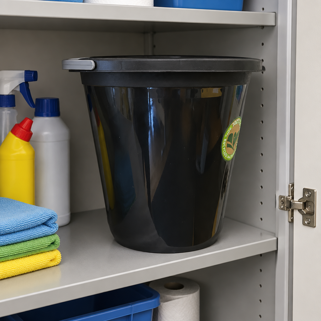 Sort 10-liters spand ved rengøringsskab, stemningsillustration