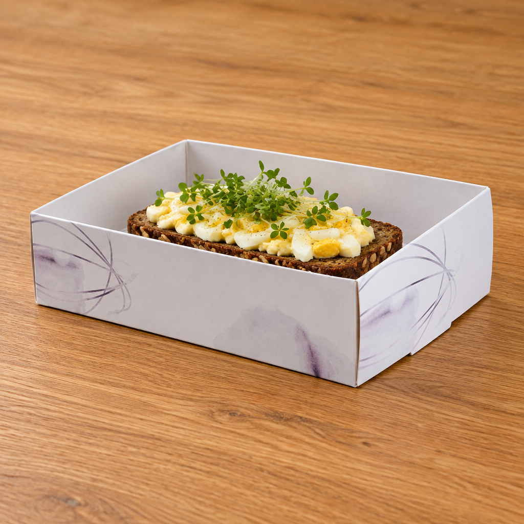 Rugbrødsæske S-line med smørrebrød med æg og grønt på træbord