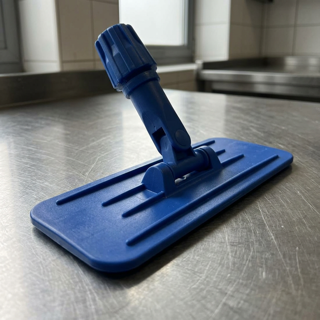 Blå padholder med skaftfatning på stålbord i servicekøkken