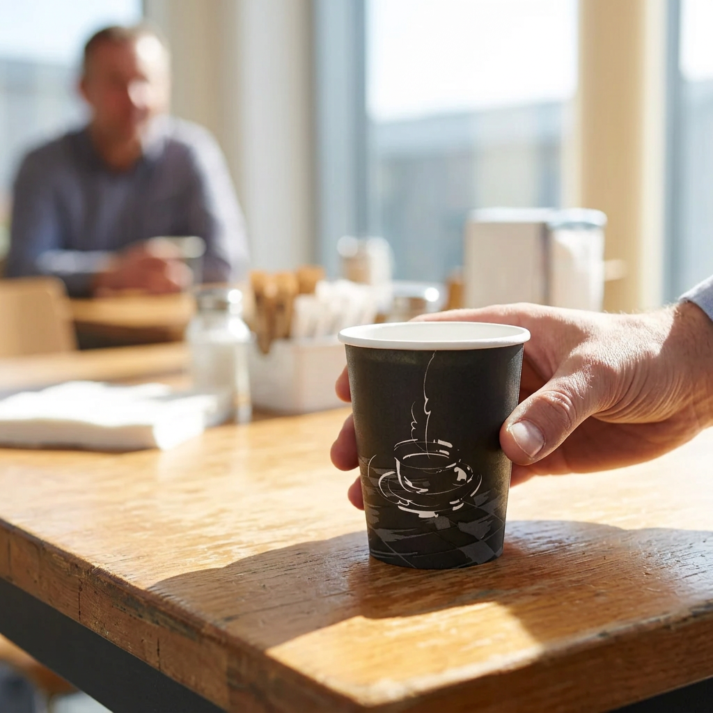 Voksen stiller sort kaffebæger med kaffekopmotiv på bord i solrigt pauserum