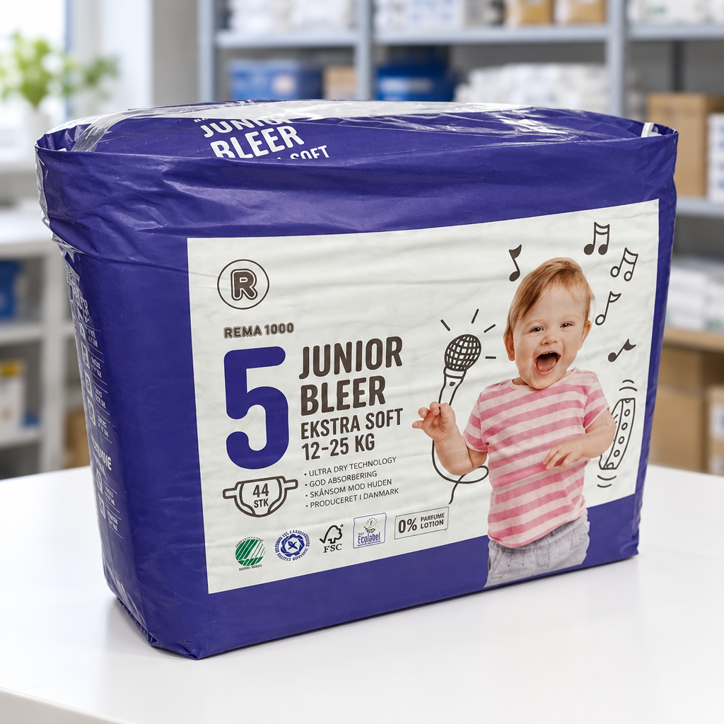 Nærbillede af Rema 1000 Junior 5 blepakke til 12–25 kg på hvidt bord med depothylder i baggrunden