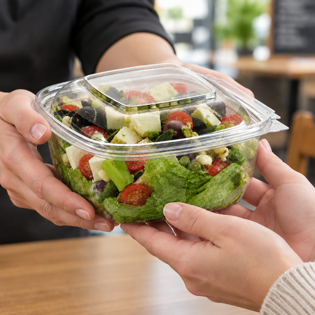 Brugssituation: salatbakke med låg, salat og tomater overrækkes ved udlevering