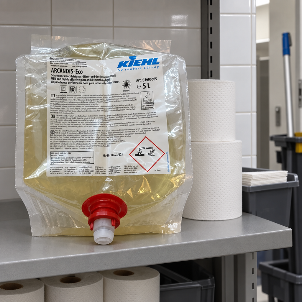 Kiehl Arcandis-Eco 5 L på servicehylde i rengøringsrum