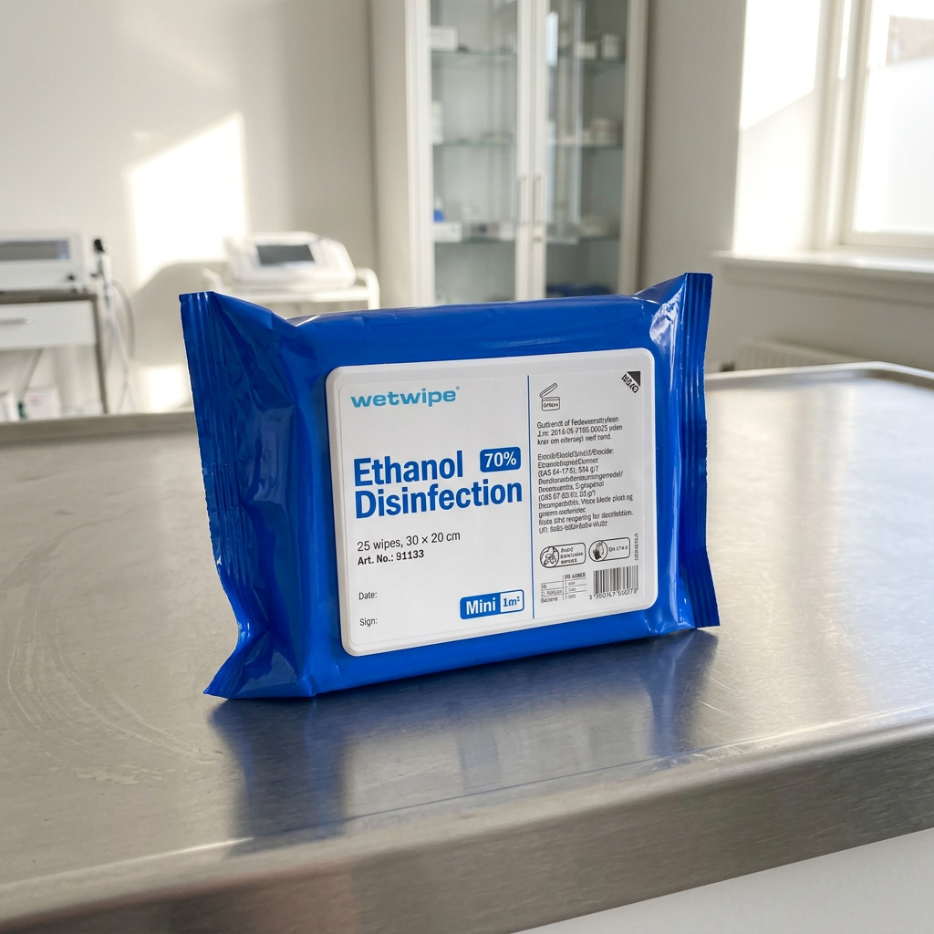 Wet Wipe Ethanol Mini på stålbord i lyst behandlingsrum, miljøillustration