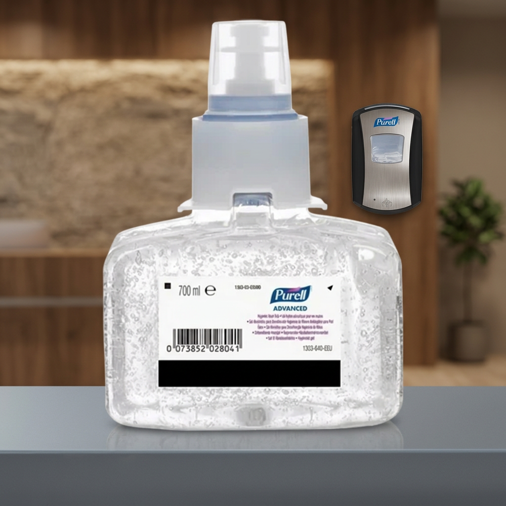 Purell LTX-7 gelrefill på grå hylde med krom-sort dispenser i baggrunden, stemningsbillede