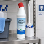 Stemningsillustration af Svane toiletrens på rengøringshylde ved toiletbørste