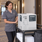 Hotelmedarbejder med Katrin Plus System 87365-toiletpapirkasse på servicevogn