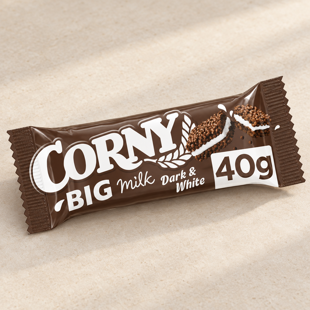 Corny Milk Dark & White müslibar 40 g i indpakning på lys baggrund, varenr. 8384