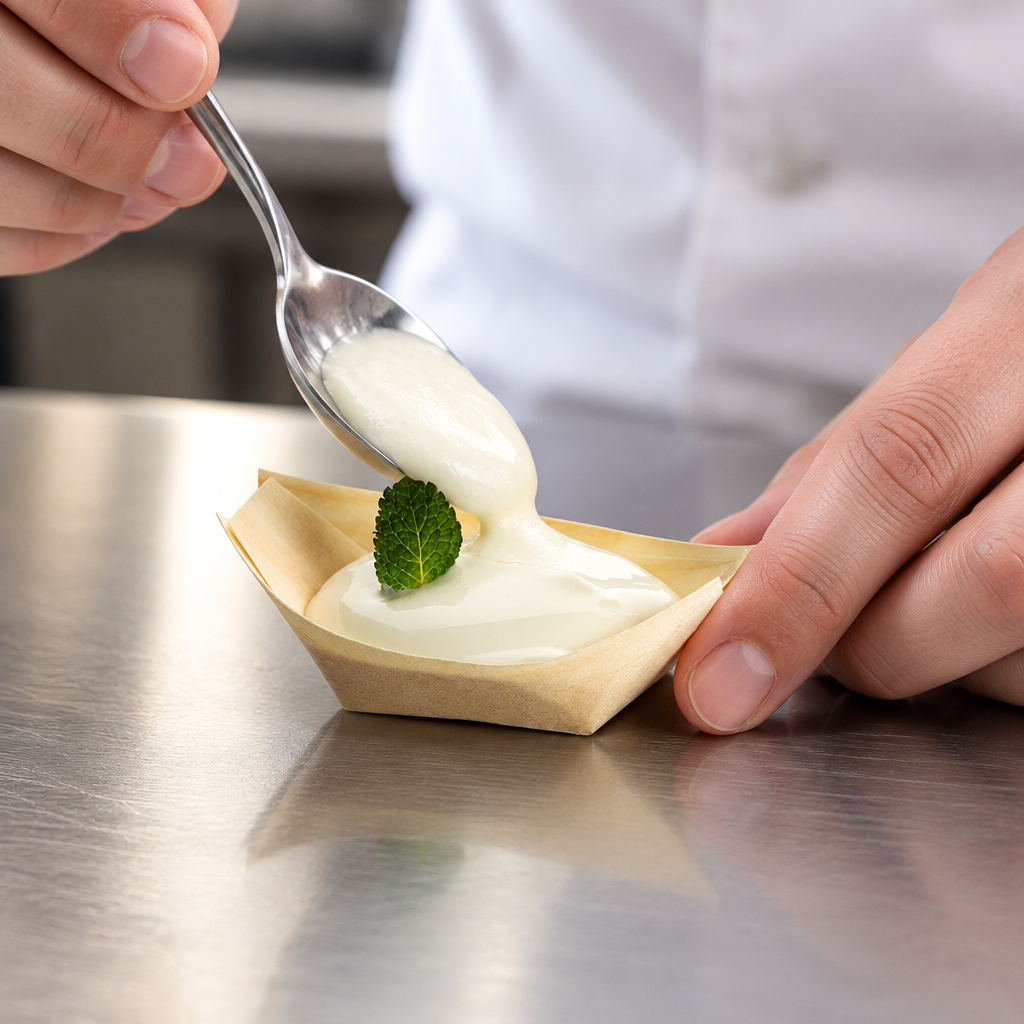 Dessert anrettes med ske i en lille serveringsbåd af træ
