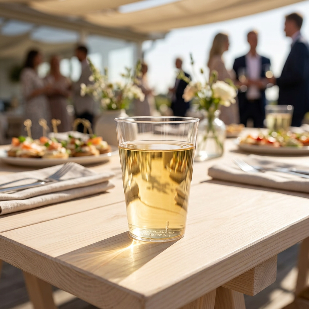 Klart plastglas med hvidvin på et solbeskinnet receptionsbord