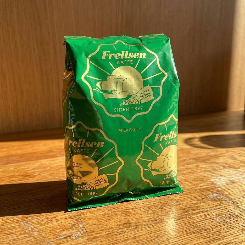 Frellsen Økologisk kaffepose på en solbelyst cafédisk, stemningsbillede