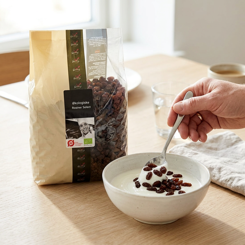 Rosiner blandes i yoghurt med Svansø Select-posen ved siden af